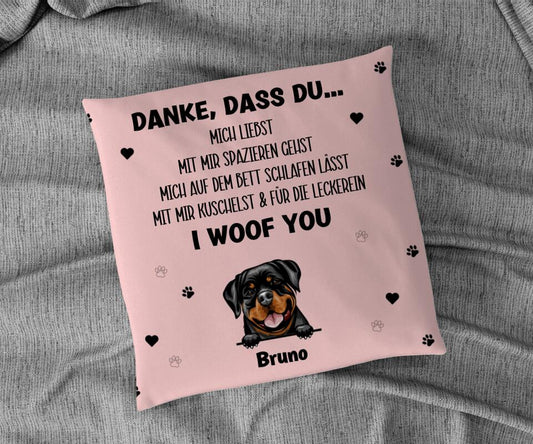 Personalisiertes Hundekissen mit 'I woof you' Botschaft und Hundebild