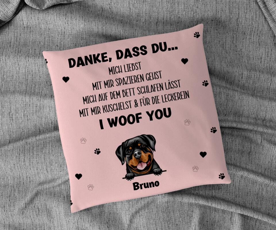 Personalisiertes Hundekissen mit 'I woof you' Botschaft und Hundebild