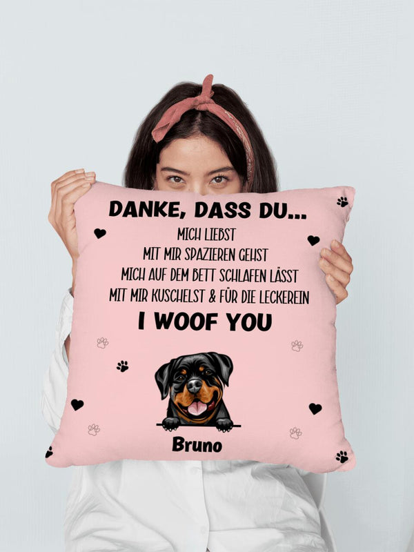 Personalisiertes Hundekissen mit 'I woof you' Botschaft und Hundebild