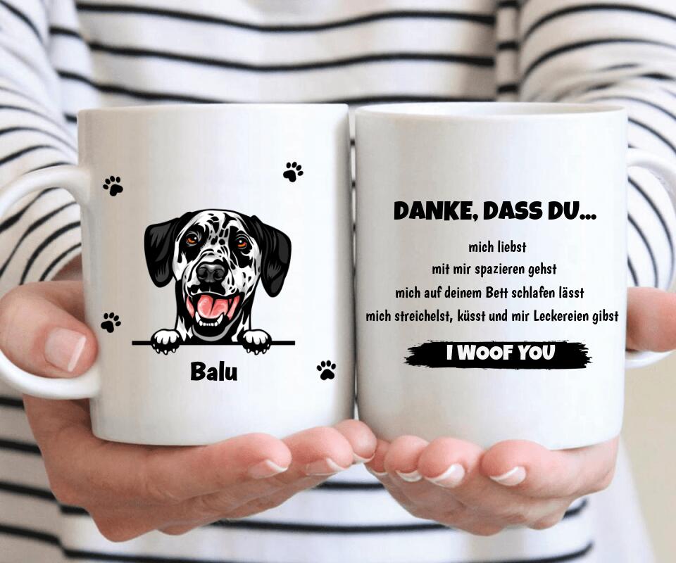 Personalisierte Hundetasse mit 'I woof you' Botschaft