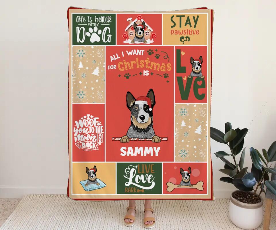 Personalisierte Weihnachtsdecke Hunde mit Clipart von Katze Jacky und weihnachtlichen Motiven Vollansicht