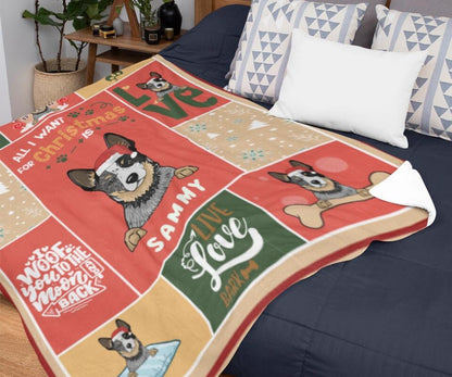 Personalisierte Weihnachtsdecke Hunde mit Clipart von Katze Jacky und weihnachtlichen Motiven seitlich