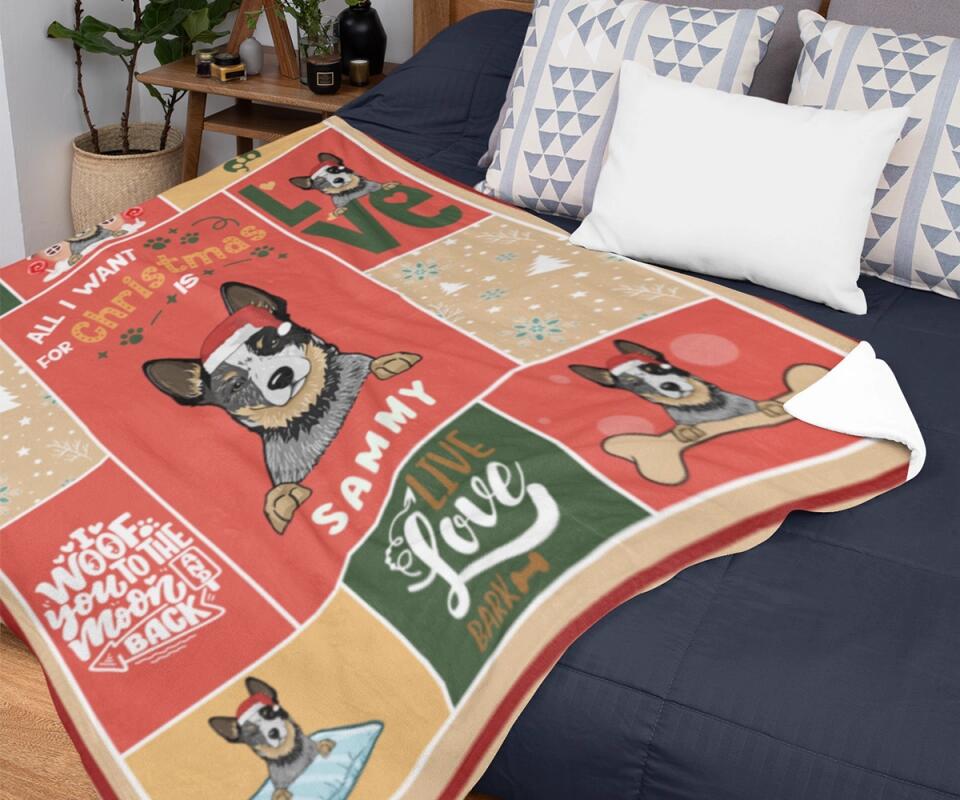 Personalisierte Weihnachtsdecke Hunde mit Clipart von Katze Jacky und weihnachtlichen Motiven seitlich 2