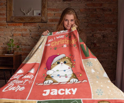 Personalisierte Weihnachtsdecke Katze mit Clipart von Katze Jacky und weihnachtlichen Motiven Kundin