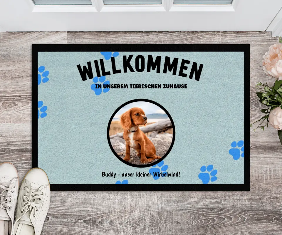 Personalisierte Fußmatte Haustier mit Hundebild und Willkommenstext