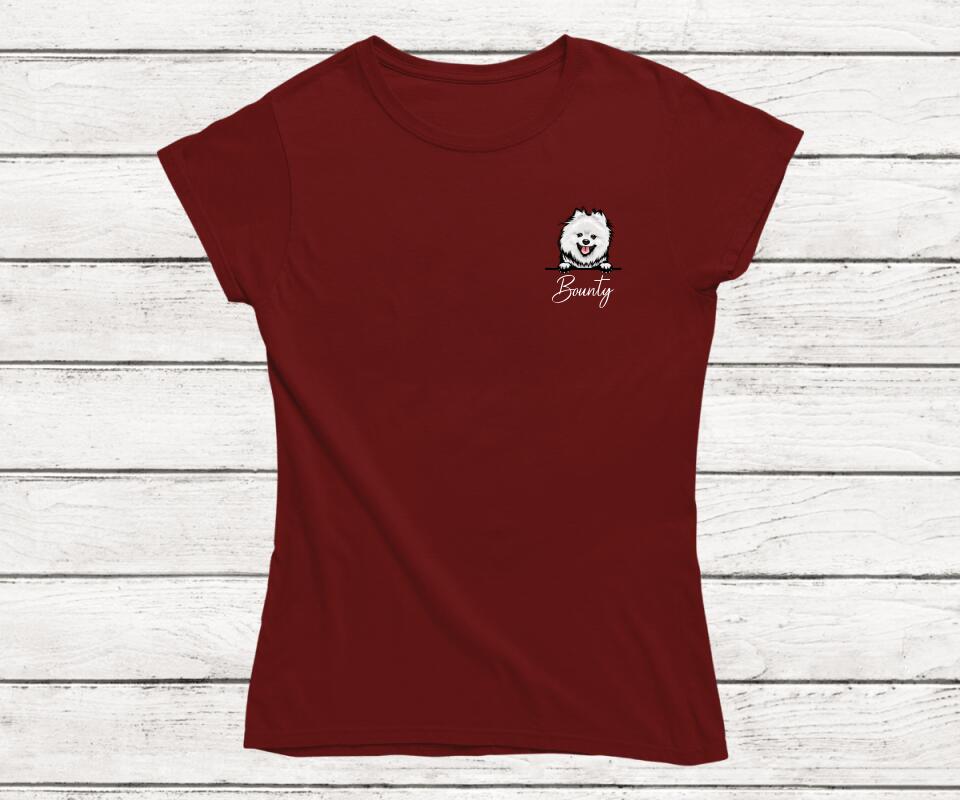 Personalisiertes Haustier T-Shirt in Weinrot (Female) - Frontansicht für Hunde & Katzenbesitzer