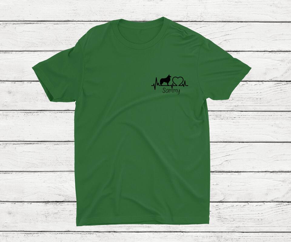 Herzschlag Hunde T-Shirt in Grün mit Personalisierung - Frontansicht