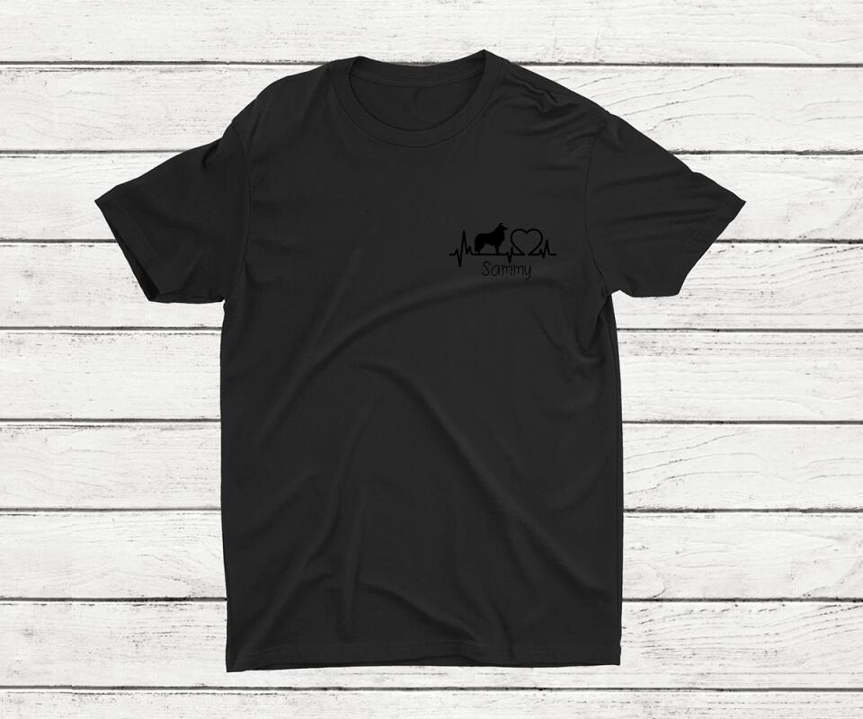 Herzschlag Hunde T-Shirt in Schwarz mit Personalisierung - Frontansicht
