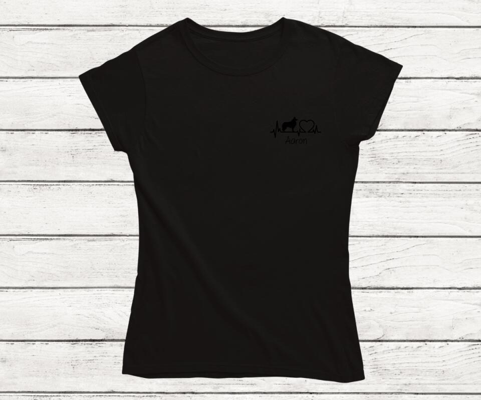 Herzschlag Hunde T-Shirt in Schwarz mit Personalisierung - Frontansicht